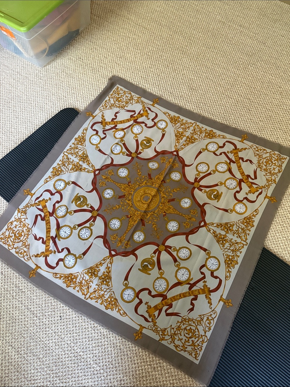 Hermes-like Gray, Gold and wool/silk Scarf - Elegant Baroque Pattern